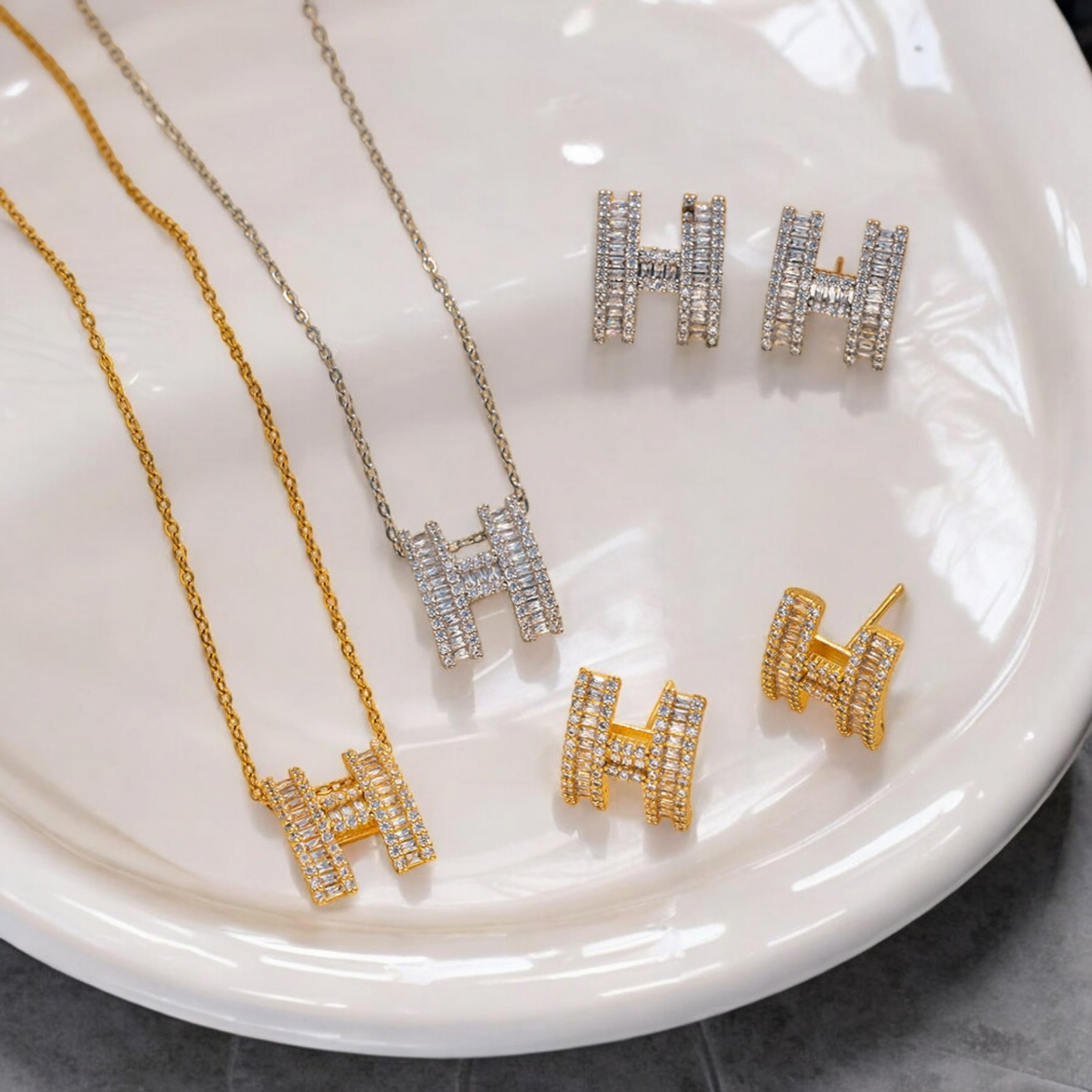 Silver H Letter Necklace with Zircon