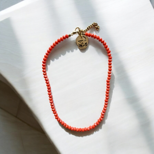 Coral Crystals Glass Necklace with Gold Afro Lego Plexiglass