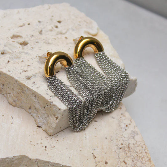 Elegant Two-Tone Stainless Steel Earrings with Chains