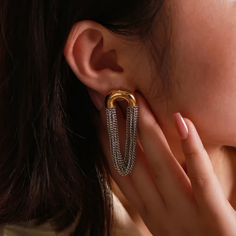 Elegant Two-Tone Stainless Steel Earrings with Chains