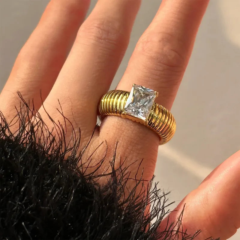 Stainless Steel Ring with Princess-Cut Stone