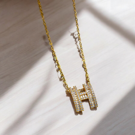 Gold H Letter Necklace with Zircon