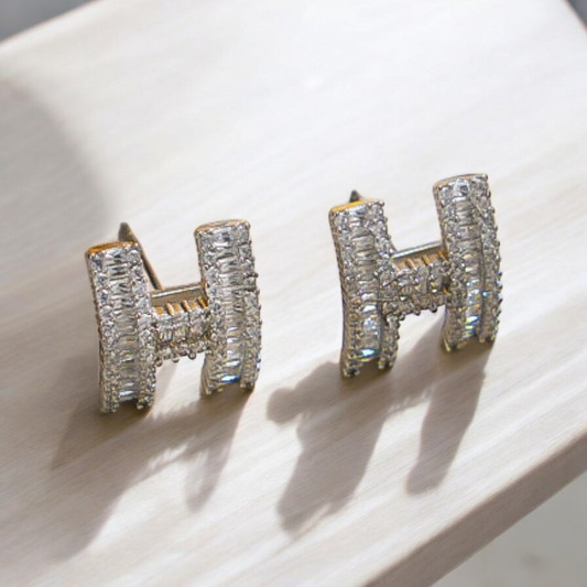 Silver H Letter Earrings with Zircon